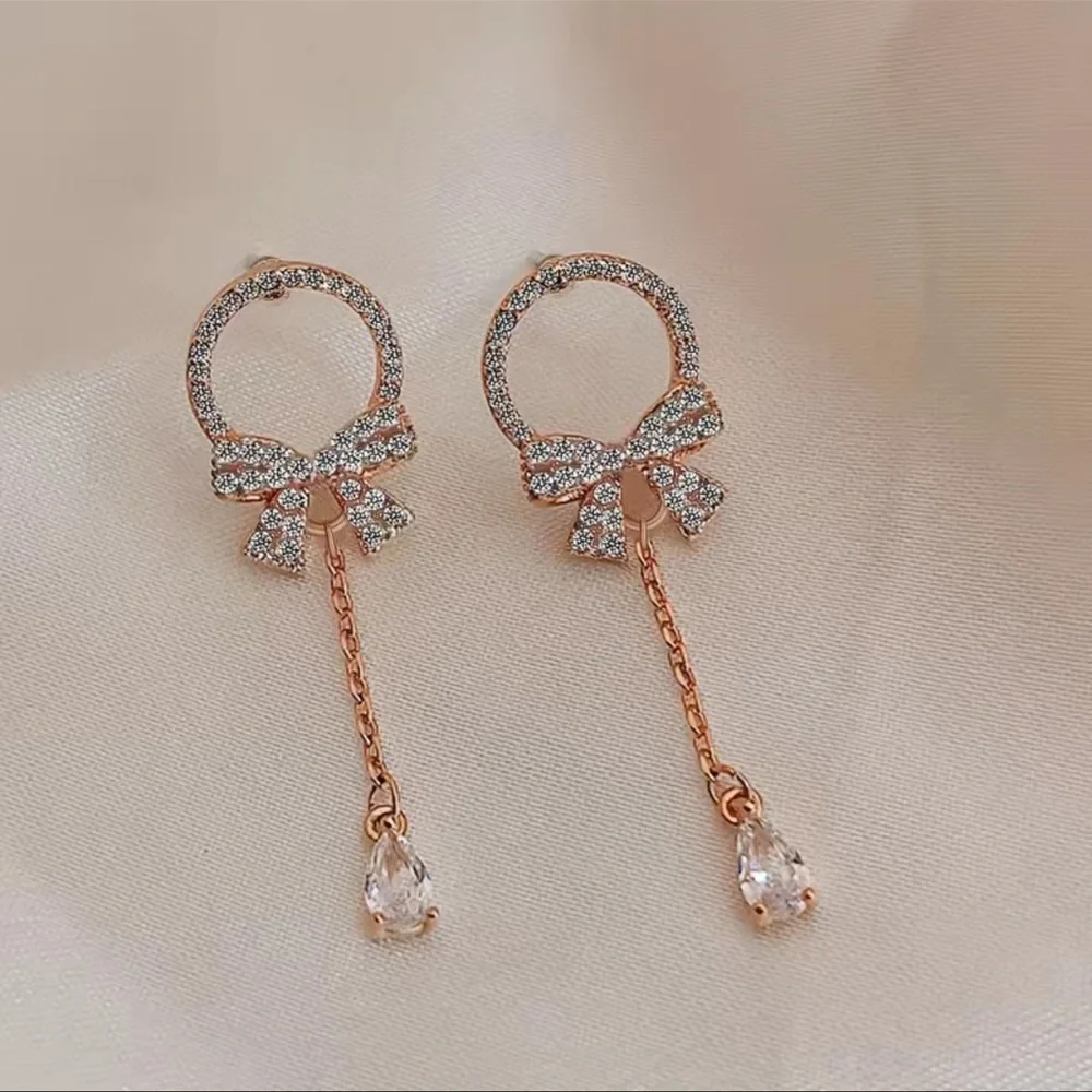Elegant Bow Water Drop Pendant Stud Earrings
